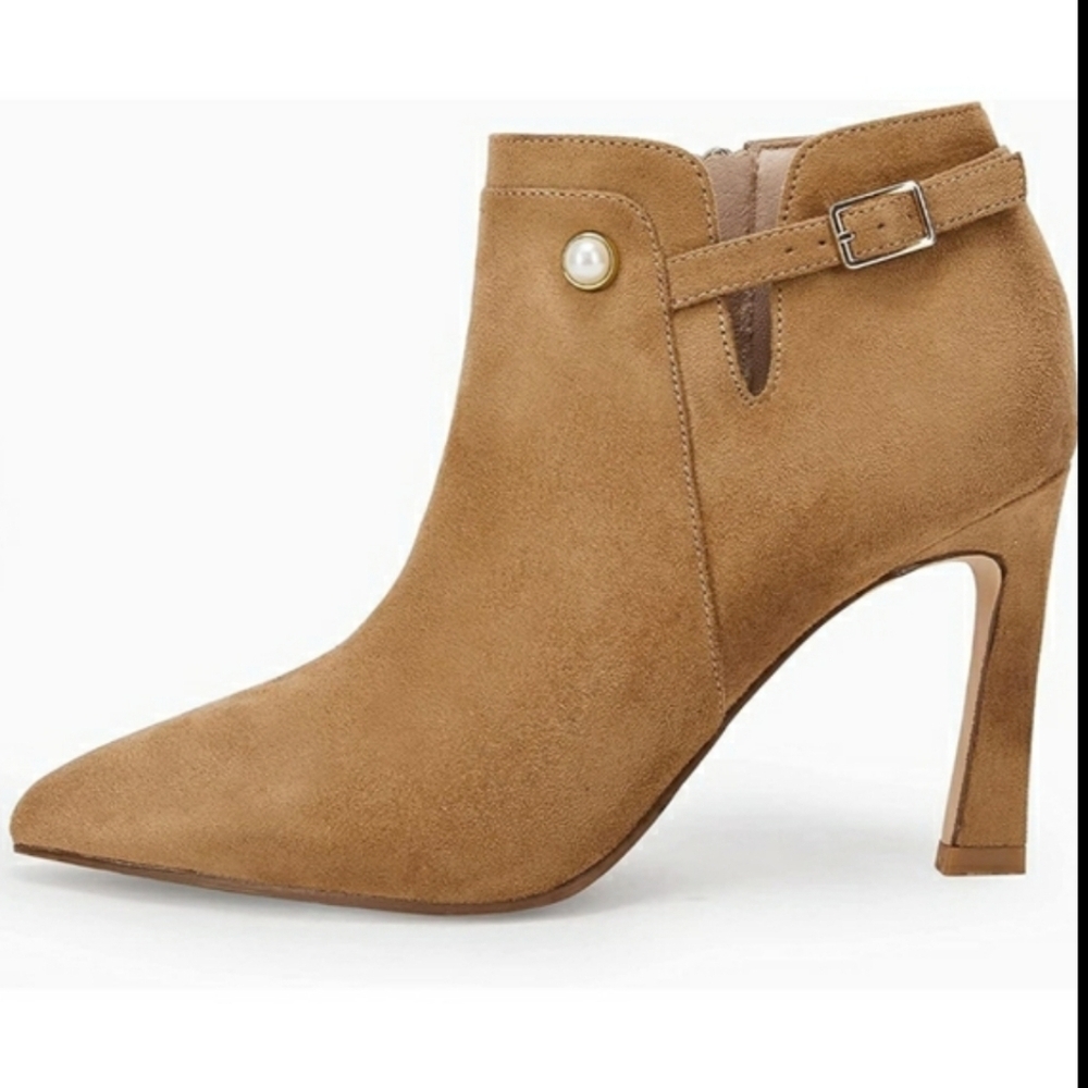 Coutgo Pointed Toe Pearl  Buckle Stiletto Faux Suede Booties Rust Tan Size 8.5